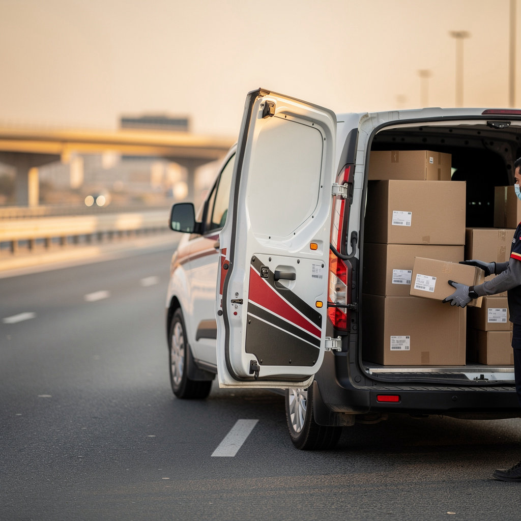PS Logistics – PSL مندوب توصيل مع مركبة حديثة على طريق الرياض يقدم خدمات لوجستية احترافية